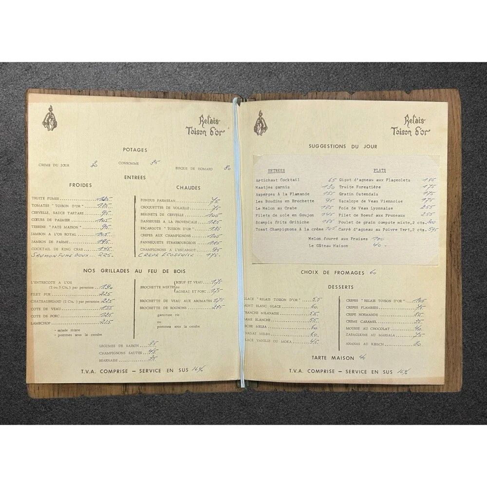 Vintage Wood Menu Relais Toison d’Or Brussels Belgium Mid-Century Léoray Signed